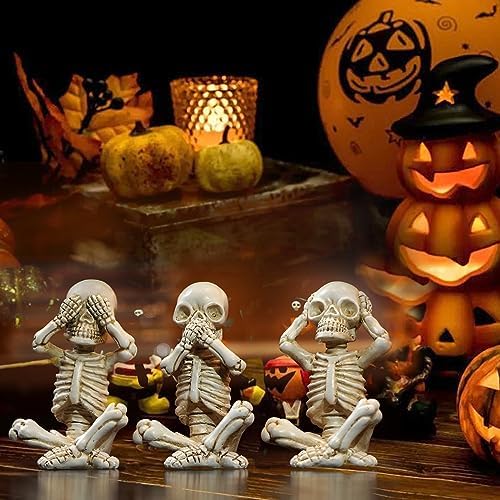 OwMell Set of 3 No Evil Skeletons Statue, Skull Figurine Gothic Home Décor