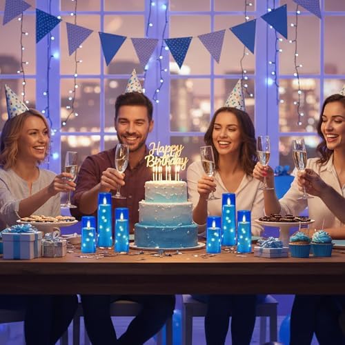 Raycare Flameless Battery Operated Pillar Candles with Remote Timer, Blue