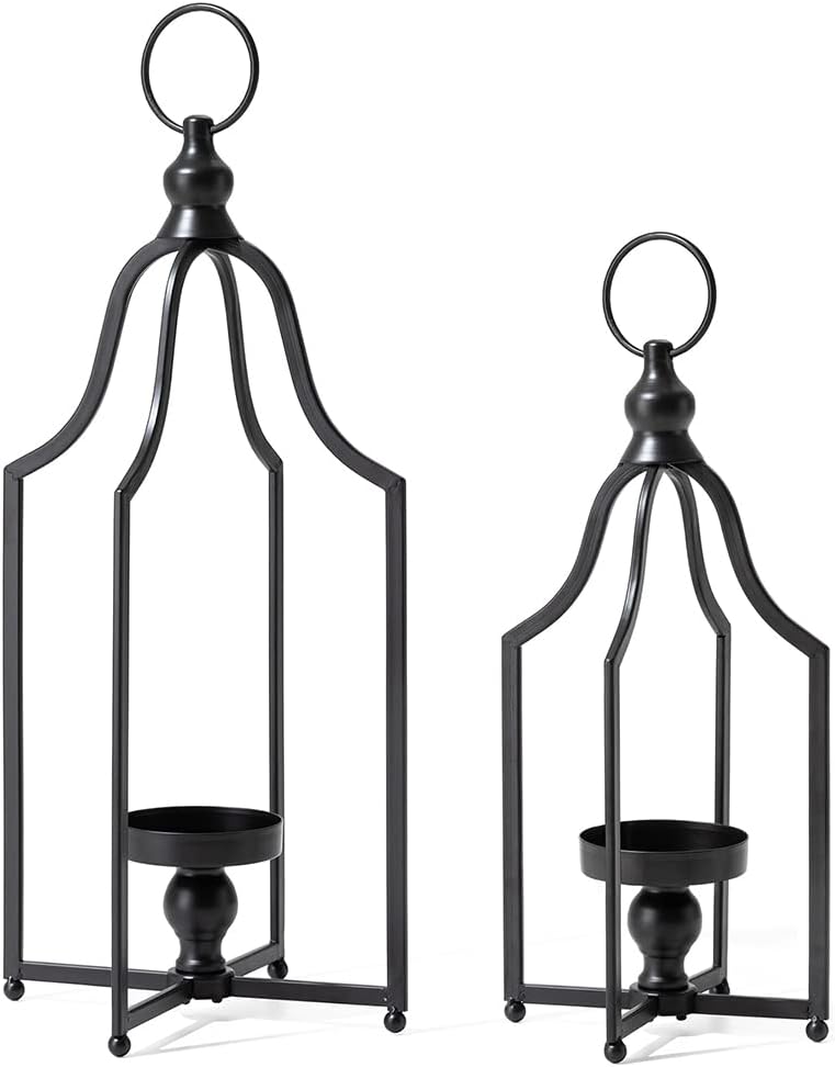 Glitzhome Set of 2 Modern Farmhouse Black Metal Lanterns Decorative Hanging Candle Lanterns for Indoor Outdoor