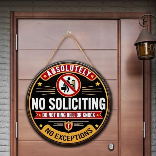 Absolutely No Soliciting Wooden Hanging Sign for House Front Door, Don't Knock or Ring Doorbell Sign for Private Property