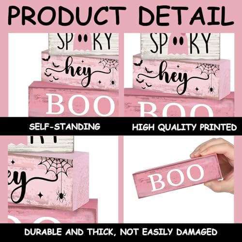 Lineshading 4 Pcs Pink Halloween Tiered Tray Decor, Wooden Ghost Signs