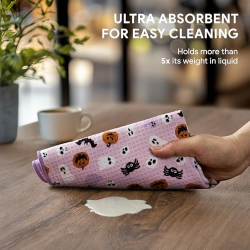 RECYCO Halloween Waffle Kitchen Towel Set of 2 - Quick Dry Microfiber Sustainable Dish Towels - Absorbent Reusable Cleaning Tea Towels - Lightweight Hand Towels,16”x 28”, Pink Boo