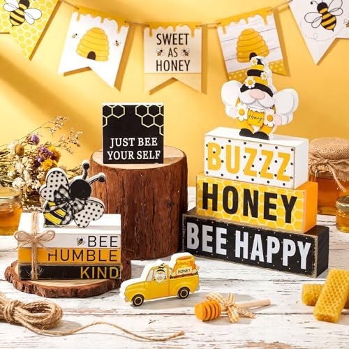 11 Pcs Bee Table Decorations Bee Tiered Tray Decorations Set Gnome Stack Signs Honey Farmhouse Rustic Wooden Table Centerpieces for Home Party