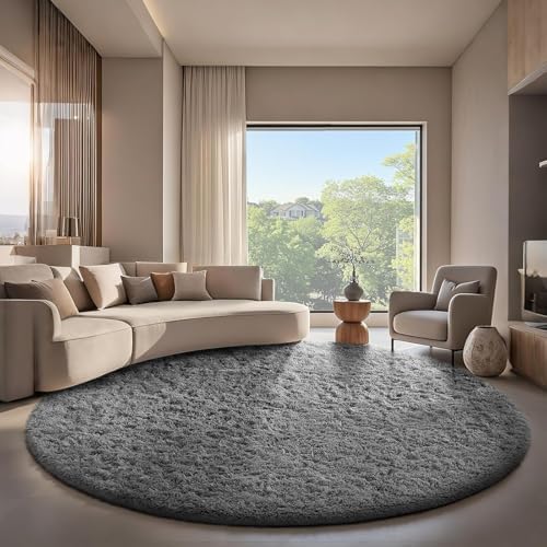 Ophanie Round Rug 7Ft Grey Circle Area Rugs,Large Fluffy Fuzzy Living Room Carpet 7 Foot,Plush Shag Solid Indoor Floor