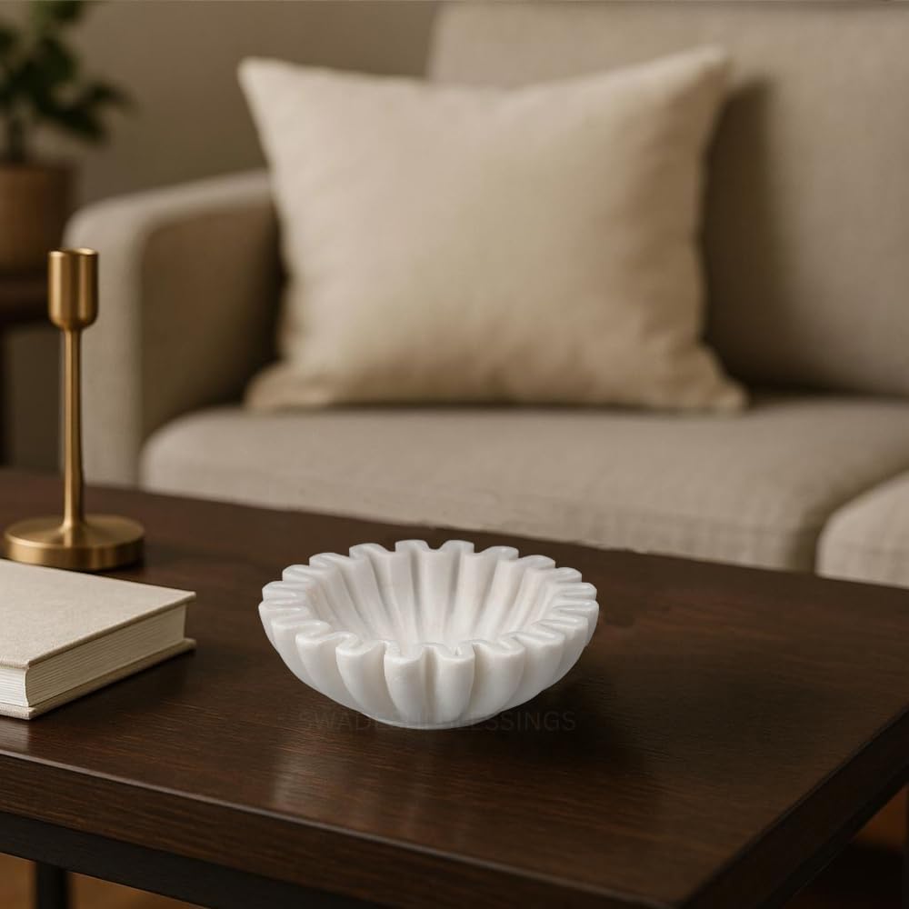 HandCrafted Marble Ruffle Bowl/Antique Scallop Bowl/Fruit Bowl/Vintage Ring / 6 Inches