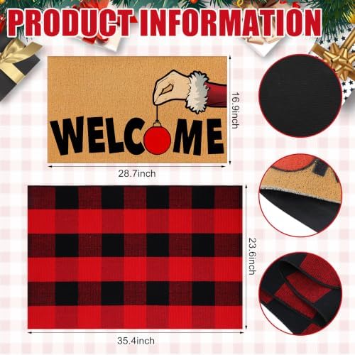 Tinideya 2 Pcs Christmas Door Mat Outdoor Layered Red and Black Welcome Mat