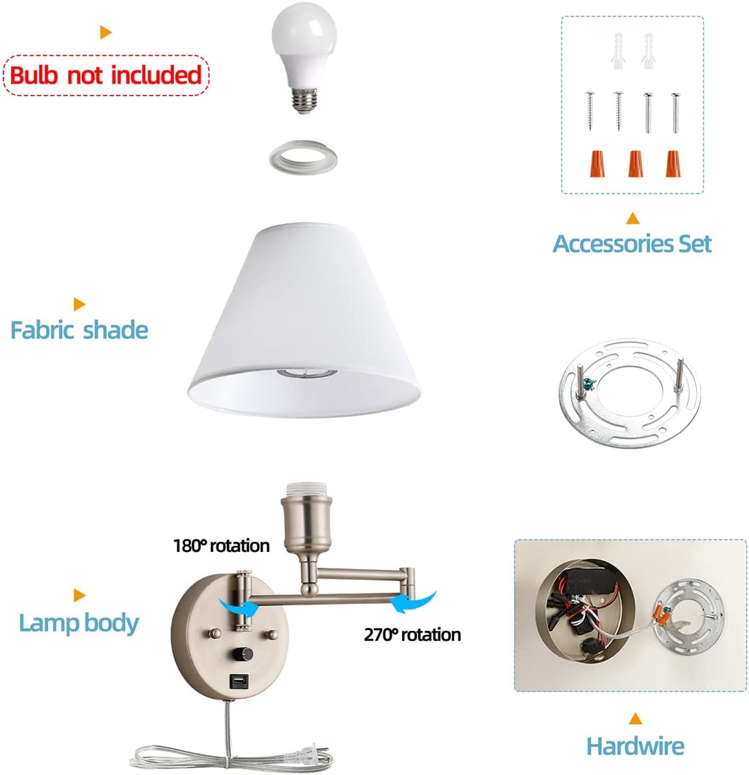 Swing Arm Wall Sconces, Plug-in Wall lamp,Bedroom Wall lamp ， White Fabric Shade，，with dimmable Switch and USB Charging