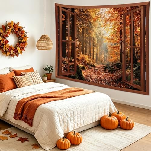 LB Fall Forest Tapestry for Bedroom, Autumn Maple Tree Outside Brown Window Wall Tapestry, Rustic Nature Landscape Extra Large Tapestries Wall Hanging for Living Room Dorm Decor, 92Wx70.5H inches