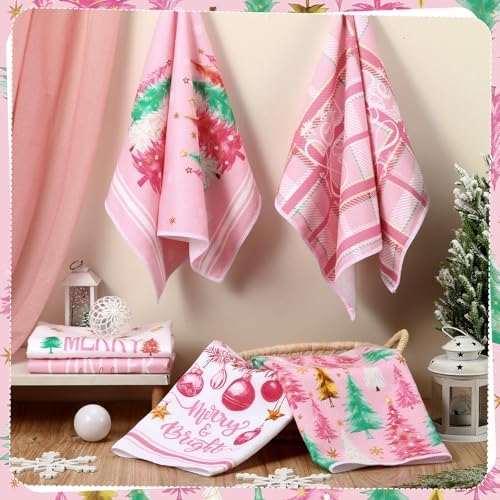 Oudain 6 Pcs Christmas Kitchen Towels Pastel Pink Xmas Tree Tea Dishtowels Decorative Plaid Bathroom Hand Towel Farmhouse Red Green Christmas Decorations for Kitchen Housewarming Home Gifts