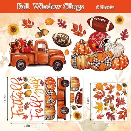 Whaline 6 Sheet Fall Football Window Clings Fall Y'all Reusable Window Decals Maple Leaves Pumpkin Truck Glass Sticker for Autumn Thanksgiving School Office Supplies Home Decor