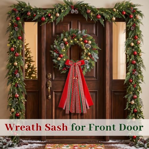 Riceshoot Wreath Ribbons for Front Door, Red Green Plaid Bow with Clip