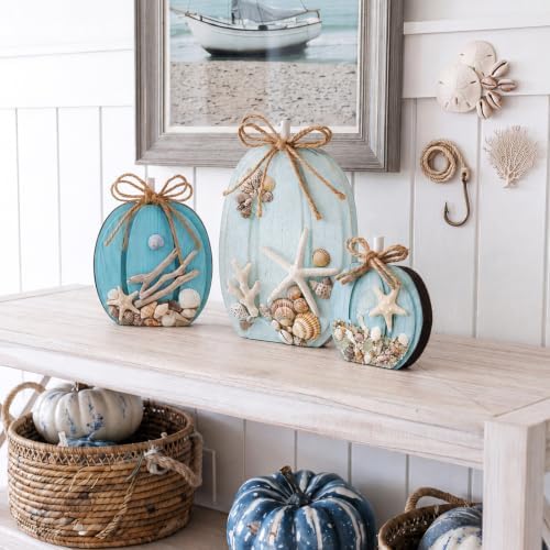 Colingmill 3 Pcs Coastal Fall Wooden Pumpkin Blue Fall Decoration for Home
