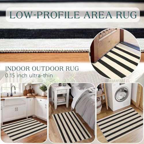 Black and White Striped Outdoor Rug - 2x3 Non-Slip Front Door Mat