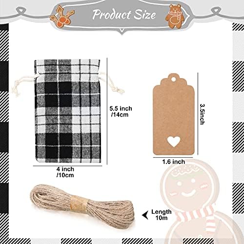 Shappy 24 Pcs Christmas Drawstring Gift Bags Xmas Buffalo Plaid Burlap Advent Bags 5.5 x 4 Inches Linen Treat Candy Bag with 32.8 ft Rope 24 Card(Black White)