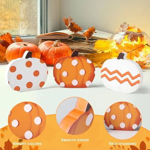COCHIE Fall Pumpkin Decorations for Home Indoor, Thanksgiving Table Decor, Harvest Tabletop Decoration, Wooden Pumpkins Signs Block for Tiered Tray Party Shelf Display Set of 3