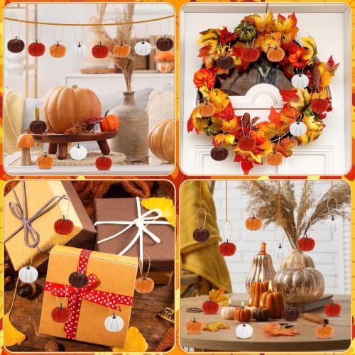 16Pcs Fall Tree Ornaments, 2 Inch Velvet Pumpkin Hanging Ornaments
