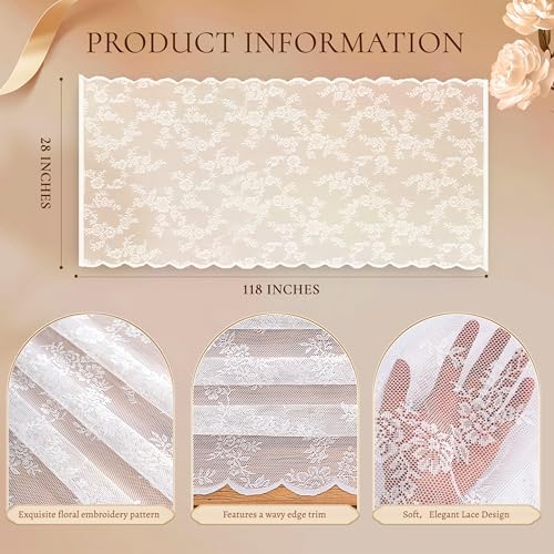 White Lace Table Runner with Floral Embroidered (3pcs, 28”x118”)