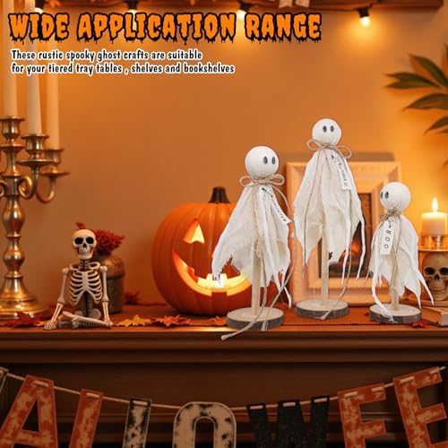 Wooden Ghost Halloween Decorations Indoor– Set of 3 Sizes Rustic Shelf Sitters with Fabric Ghost Figures – Halloween Table Decor for Tiered Tray, Mantel, Halloween Party Supplies（White）