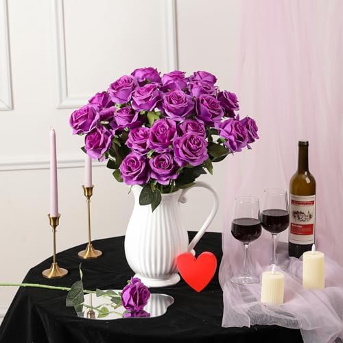 Nubry Artificial Silk Roses, 10Pcs Lifelike Fake Rose Bouquet, Purple Faux Flowers for Home Office Decor, Table Centerpiece, Wedding, Birthday Gift & Anniversary