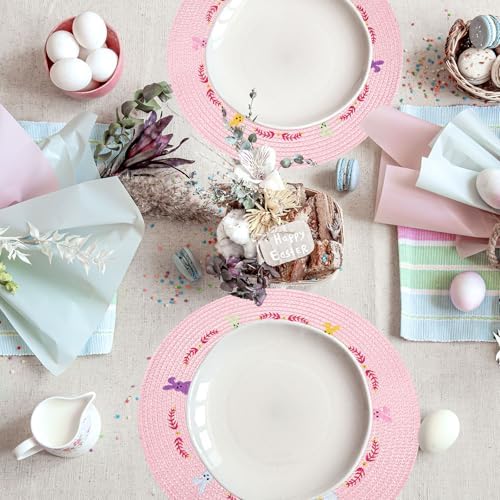 Whaline 4Pcs Easter Bunny Round Placemats Pink Rabbit Embroidered Place Mats Spring Cute Kitchen Table Mats for Home Wedding Baby Shower Birthday Dinner Party Decor
