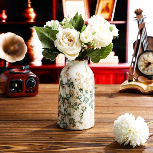 Vintage Vase Ceramic Crackle Floral Vase for Farmhouse Retro Home Bookshelf Living / Rustic / Green