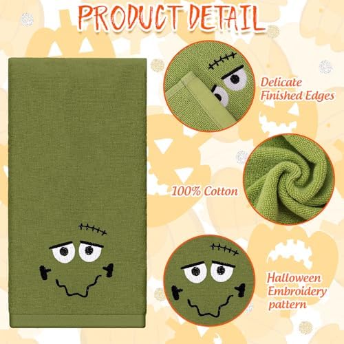 Whaline 4Pcs Halloween Hand Towels Spooky Pumpkin Face Monster Embroidered Cotton Bathroom Towel Absorbent Bath Towel for Hand Drying Cleaning Cooking, 29.5 x 13.7 Inch