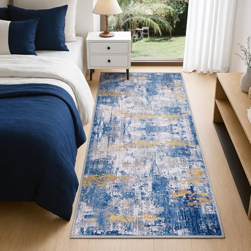 RELEANY Washable Runner 2'x6' Abstract Area Rug for Hallway Blue Gold