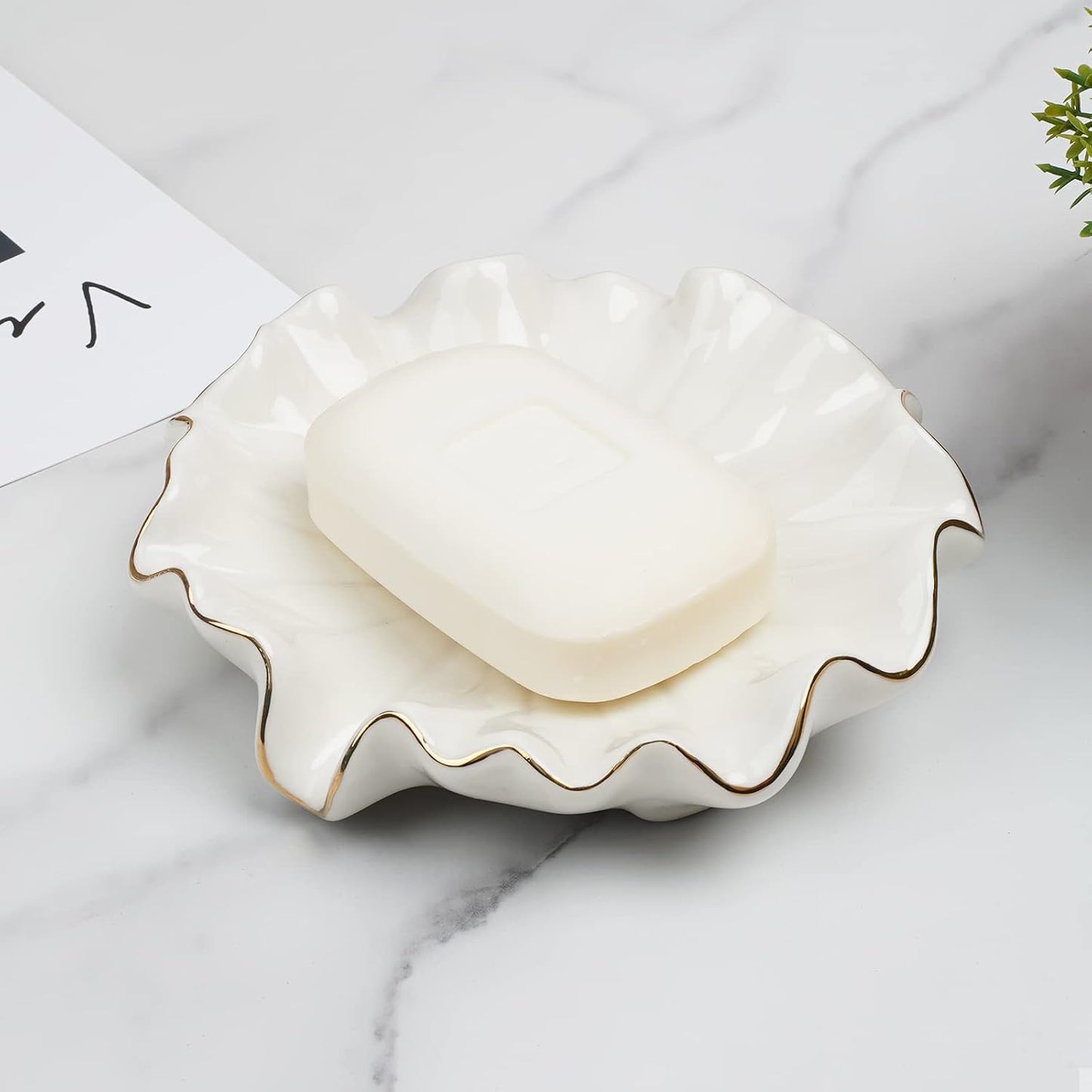Ceramic Self Draining Soap Dish Lotus Leaf Soap Holder Waterfall Soap Dish Soap Savers / White