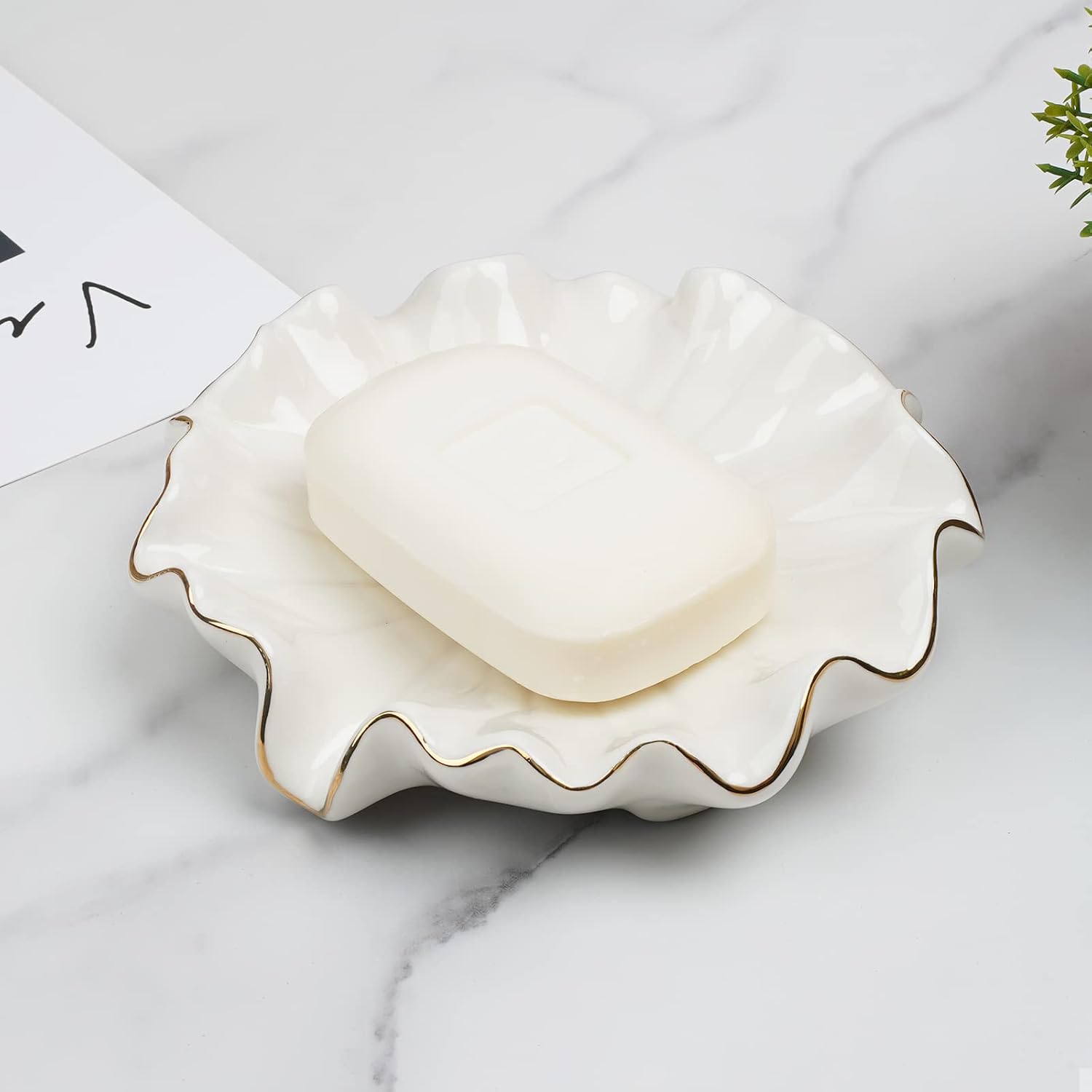 Ceramic Self Draining Soap Dish Lotus Leaf Soap Holder Waterfall Soap Dish Soap Savers / White