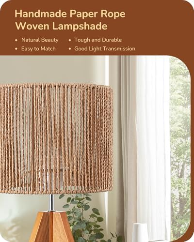 EDISHINE Small Rattan Table Lamp, Wood Tripod Bedside Lamp, 14.2", E26 Base
