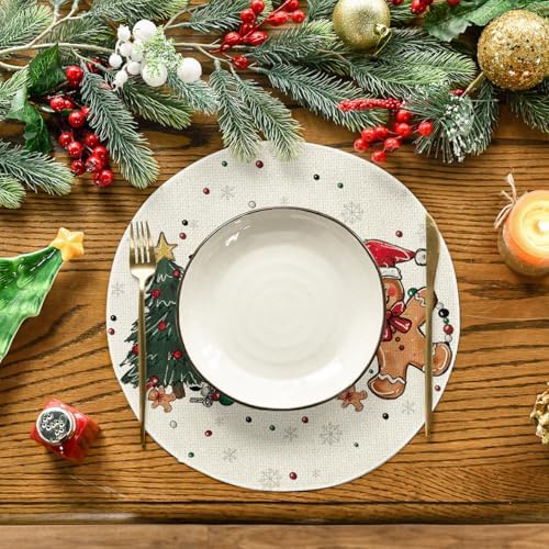 Artoid Mode Snowman Tree Round Christmas Placemats Set of 4, 14 Inch Seasonal Winter Place Mats for Gift Party Table Dining Decoration