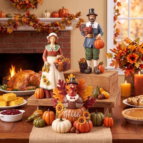 Simgoing 3 Pcs Fall Thanksgiving Figurine Resin Turkey Pilgrims Table Decor