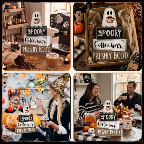 Lineshading 4 Pcs Halloween Coffee Bar Decor Wooden Ghost Block Signs