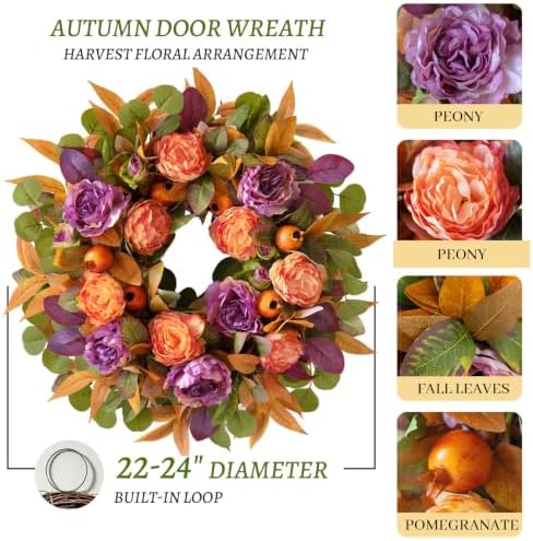 24 Inch Harvest Fall Wreath for Front Door Outside with Orange Purple Peony