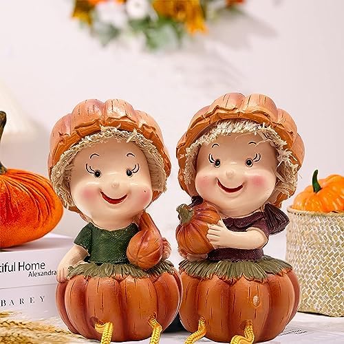 KiaoTime Fall Thanksgiving Scarecrow Pumpkin Shelf Sitters with Dangling Legs Decoration, Set of 2 Fruit Harvest Sculpture for Window Sill Kitchen Tabletop Autumn Home Decoration
