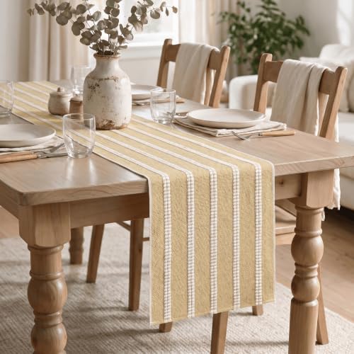 Artoid Mode Burlap Brown Farmhouse Dashed Stripe Table Runner, Seasonal Holiday Boho Rustic Kitchen Dining Table Decoration for Home Party Decor 12x72 Inch