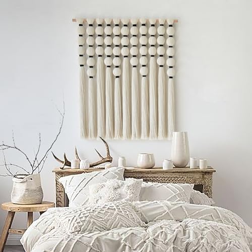 Macrame Wall Hanging 27" W x 31" L Boho Wall Decor Sphericity Cotton Textile Wall / Beige Medium