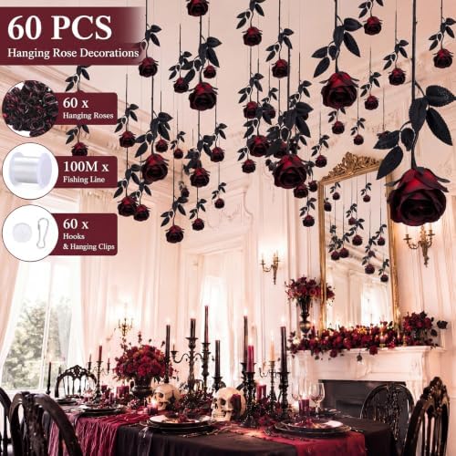 Thiccywoov 60 Pcs Black Artificial Roses Halloween Gothic Hanging Flower