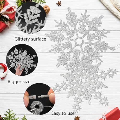 12pcs Large Silver Snowflakes Ornaments 12” Big Plastic Glitter Snowflake for Winter Indoor Outdoor Christmas Tree Window Room Decorations Giant Craft Snowflakes