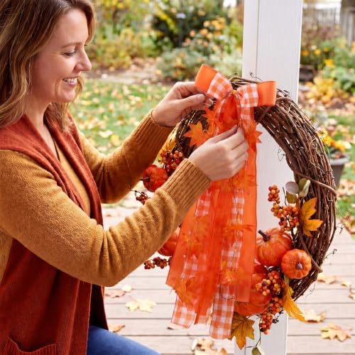 Riceshoot Fall Wreath Bow Orange Plaid Sash for Front Door Maple Leaf