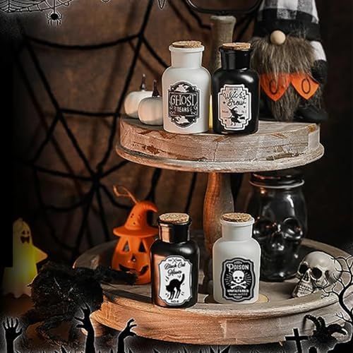 Sarybei Halloween Decorations for Home - Set of 4 Apothecary Potion Bottles with stickers - Scary Witch Poison Ghosts Black Cat Farmhouse Tiered Tray Decor For Home Table Party Supplies
