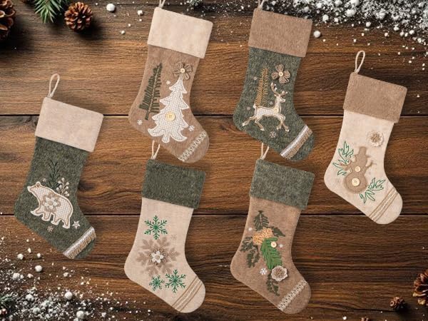 LUBOT 4 Pack Christmas Stockings Set of 4 Large Family Xmas Stocking Woolen Embroidered 20" Modern Rustic Farmhouse Country Rope Fireplace Hanging Holiday Decor