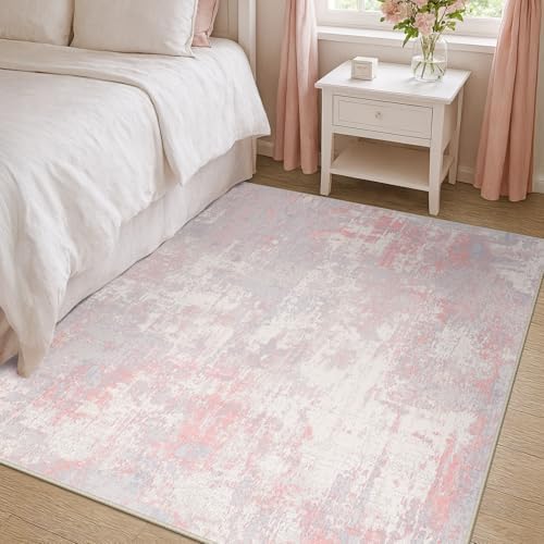 RELEANY Washable 4'x6' Abstract Area Rug for Living Room Gray Pink