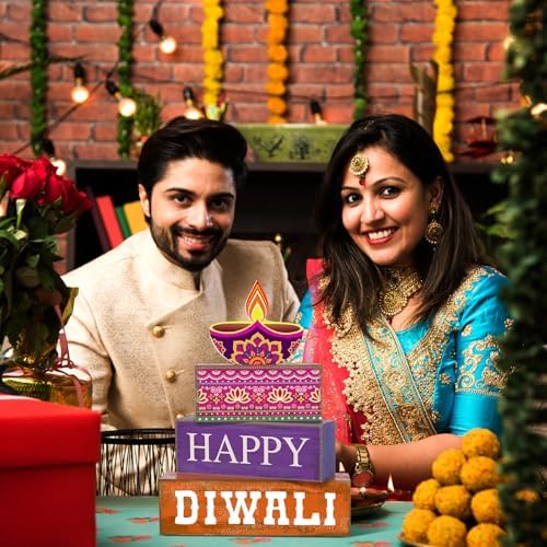 Lineshading 4 Pcs Wooden Diwali Tiered Tray Decor, Block Signs for Home