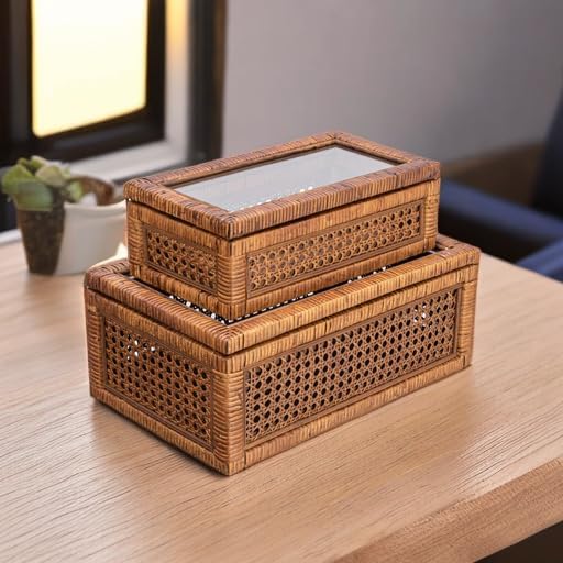 Modern Decorative Rectangle Woven Rattan and Wood Display / Dark Brown / Rectangular / Set of 2
