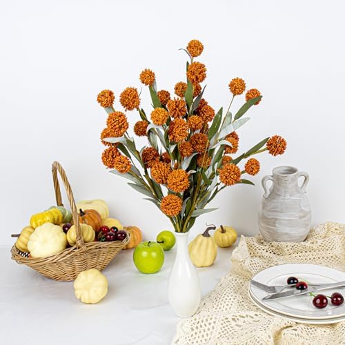 Yawwind 6 PCs Rustic Fall Flowers 17 Inches Boho Fall Floral Picks Faux Autumn Branches with Craspedia Orange Billy Balls Flowers for Vase Table Centerpieces Living Room Indoors Decor（Orange）