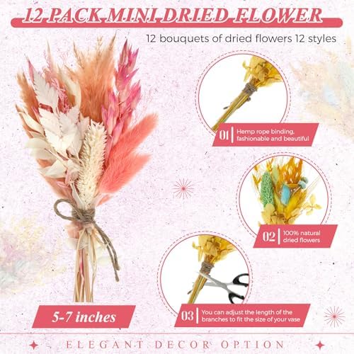 Layhit 12 Pcs Mini Dried Flower Bouquet Boho for Wedding,Lively