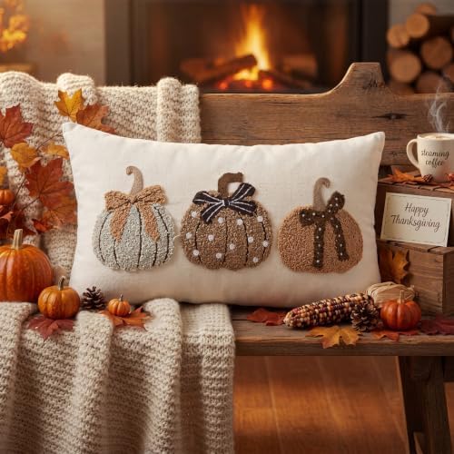 Boao Fall Pumpkin Pillow Covers 12x20 Rustic Boho Brown Beige Lumbar Case