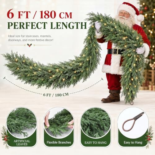 Thiccywoov 6 ft Prelit Christmas Cedar Garland with Lights, Soft Greenery