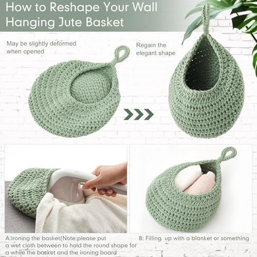 Boho Decor Hanging Wall Baskets / Sage Green / Cotton Rope / Teardrop / Set of 3